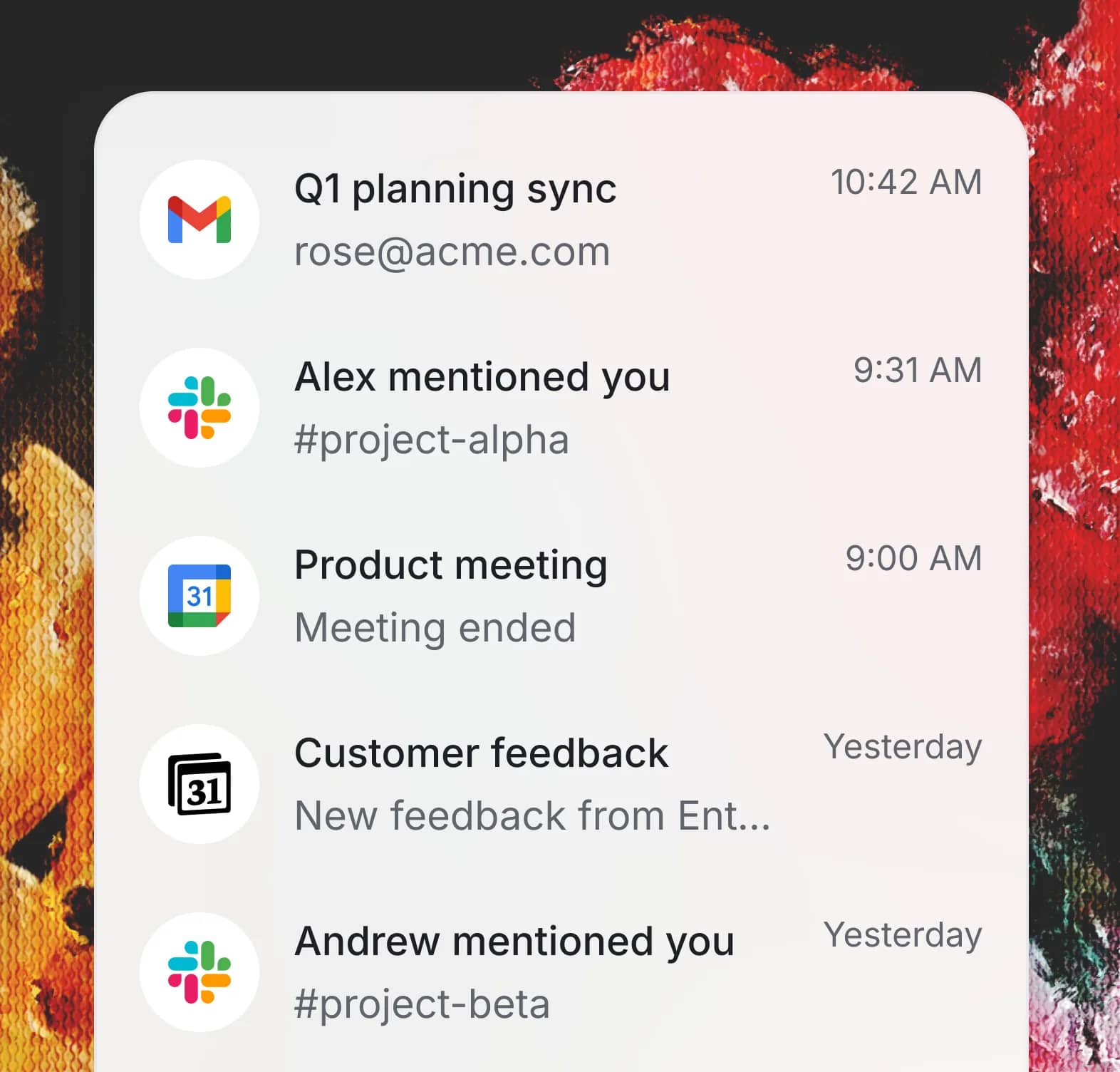 Sidebar showing a list of recent messages with user avatars, names, message previews, and timestamps in a messaging application.