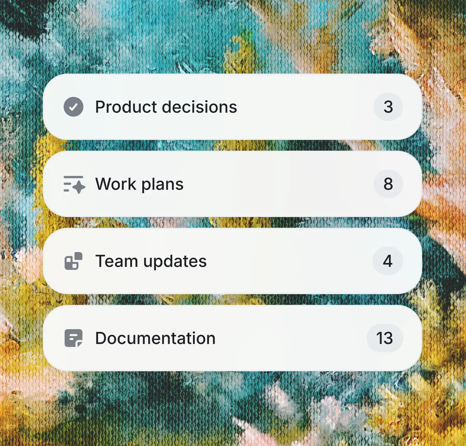 Menu with categorized sections including product decisions, work plans, team updates, and documentation, each displaying a count of items.