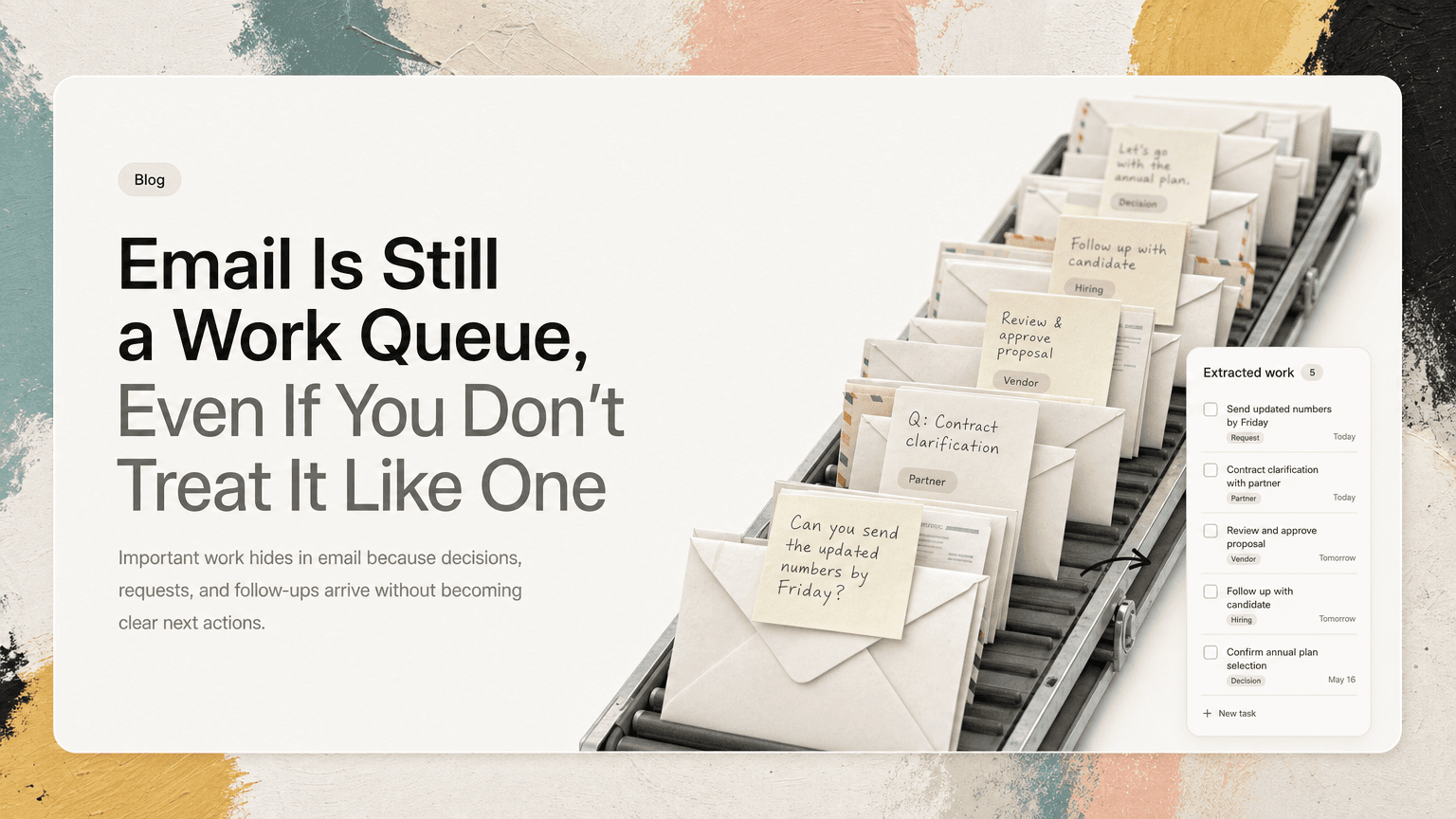 An overflowing email inbox with a few hidden task cards partially visible between messages