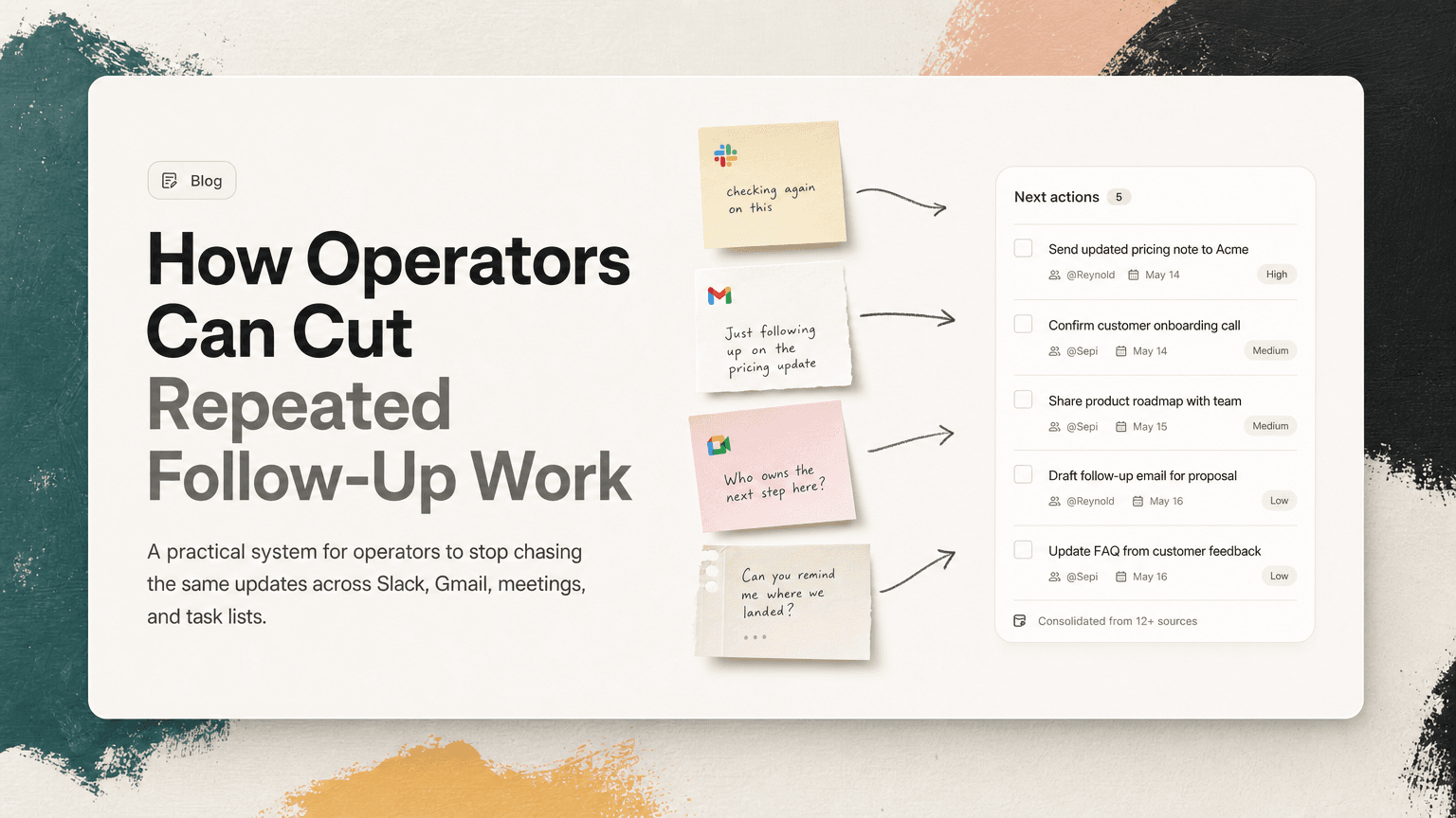 An operator sorting repeated follow-ups from Slack, email, and meetings into one clear action list