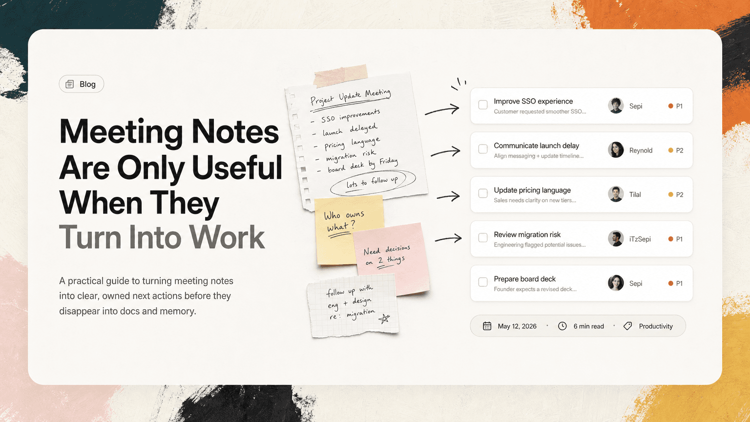 A notebook page transforming into organized task cards with owners and due dates