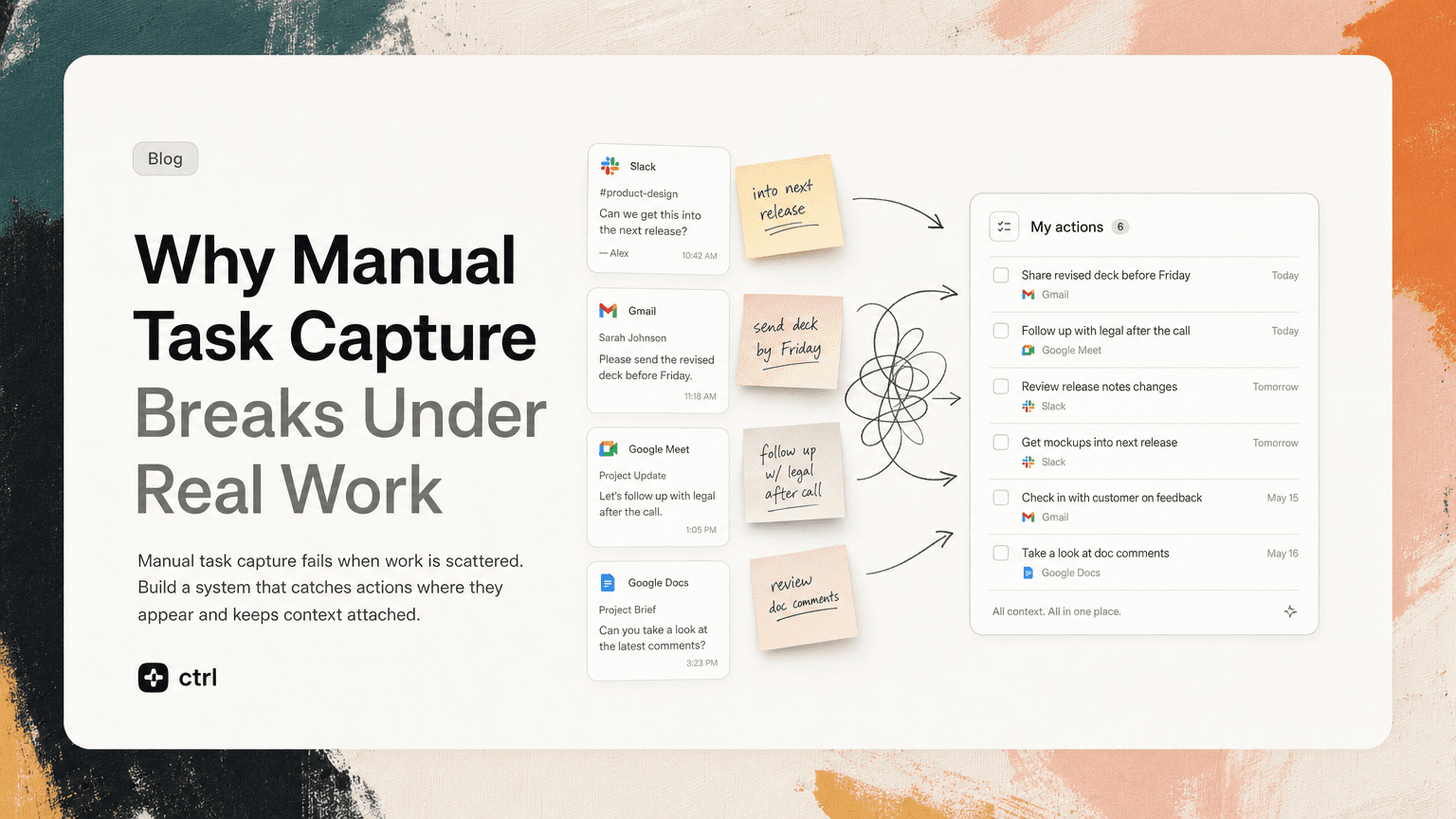 A worker trying to catch scattered sticky notes flying out of Slack, Gmail, and calendar windows