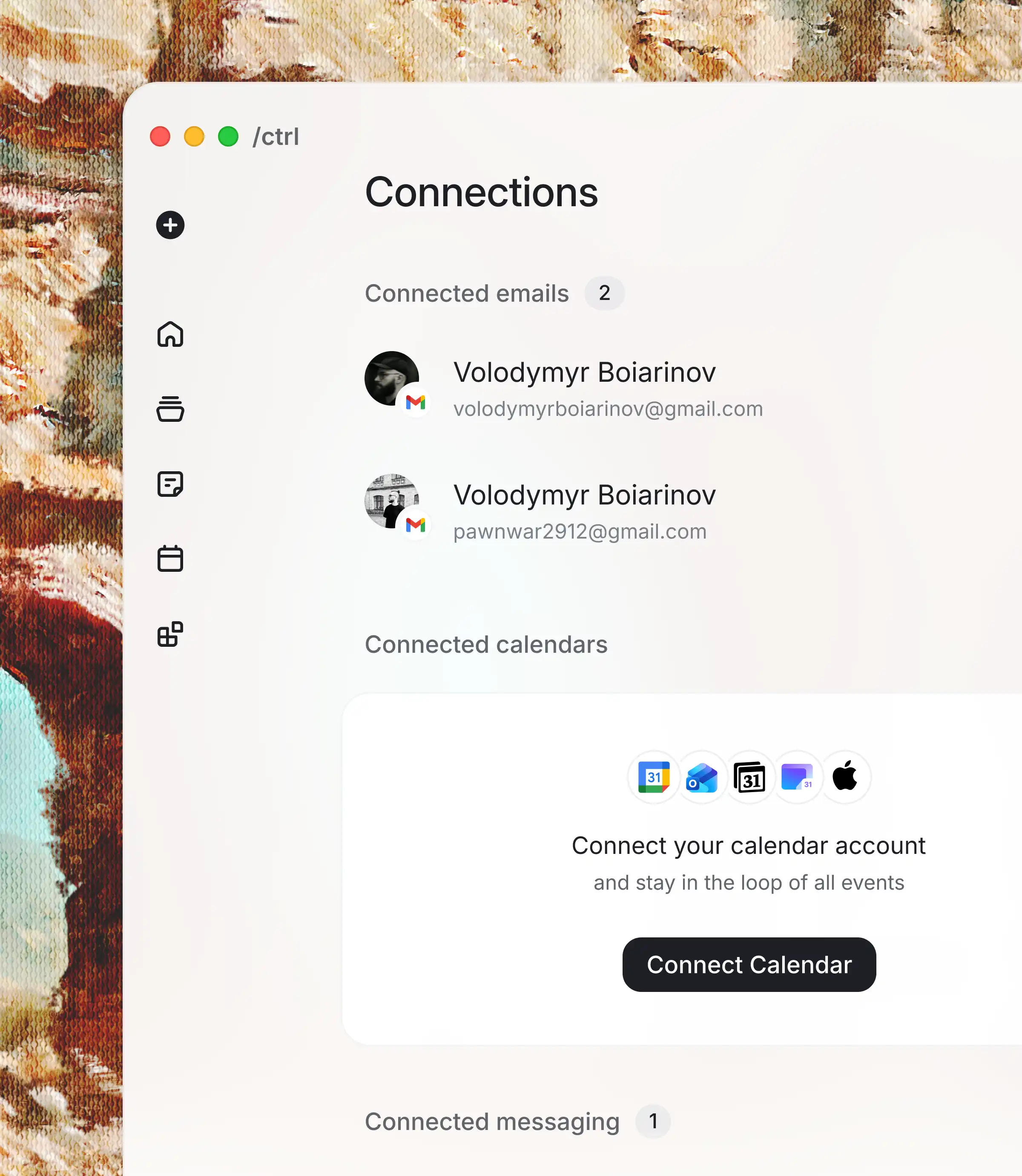 Ctrl connections preview showing connected calendar, email, and messaging providers.