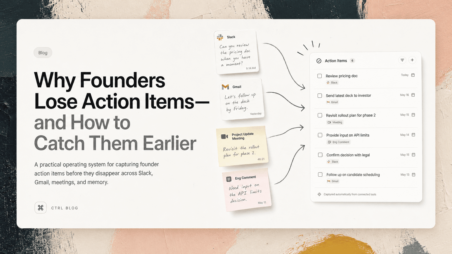 Founder sorting scattered messages into a clear list of next actions
