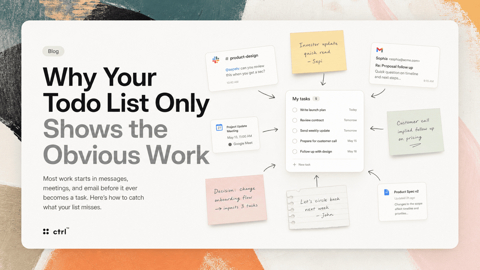 A desk with a tidy todo list beside scattered Slack messages, emails, and meeting notes representing hidden work