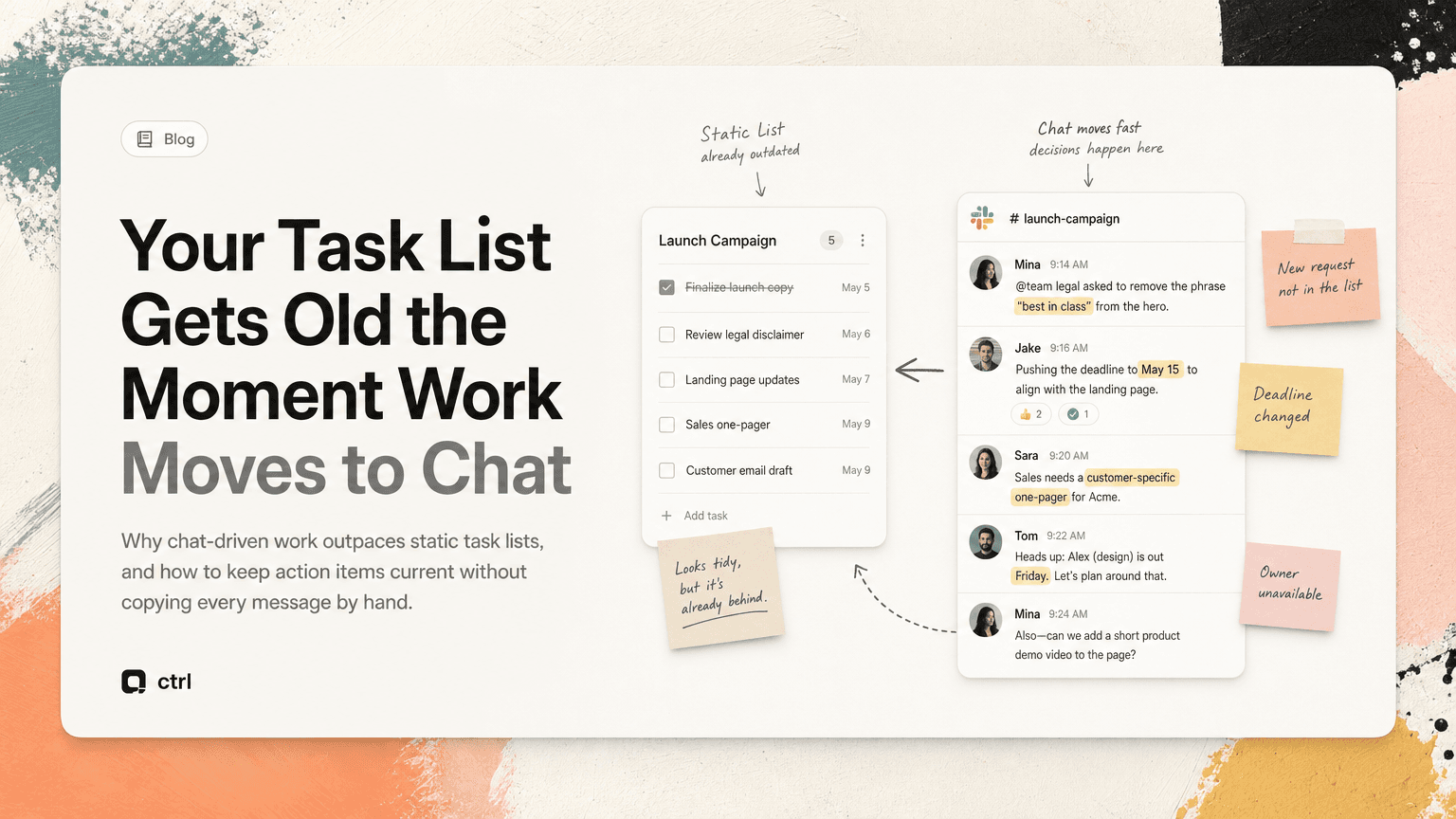 A static task list on one side and fast-moving chat messages on the other, with action items drifting between them.