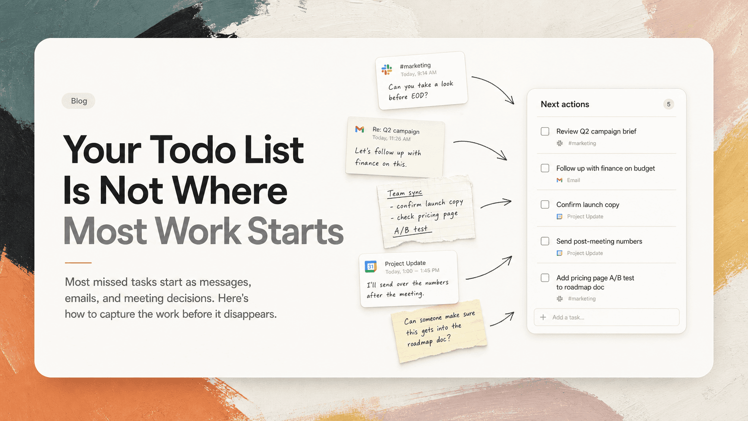 Scattered work items from Slack, Gmail, and meetings flowing into a clear task list