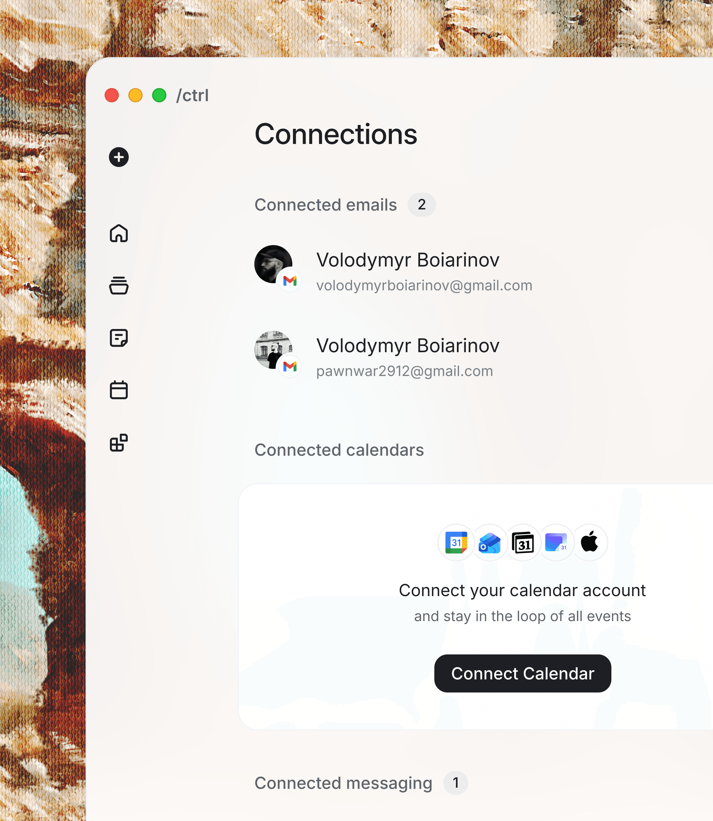 Ctrl connections preview showing connected calendar, email, and messaging providers.