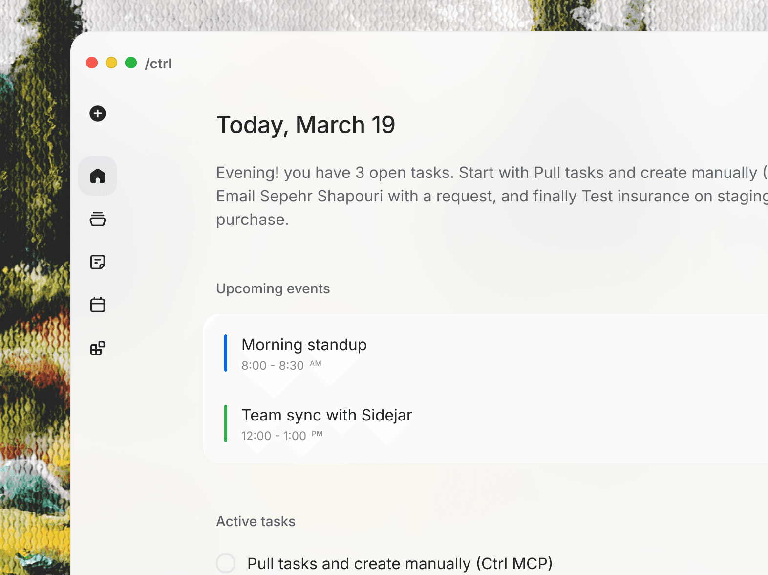 Ctrl app preview showing work context and tasks on mobile